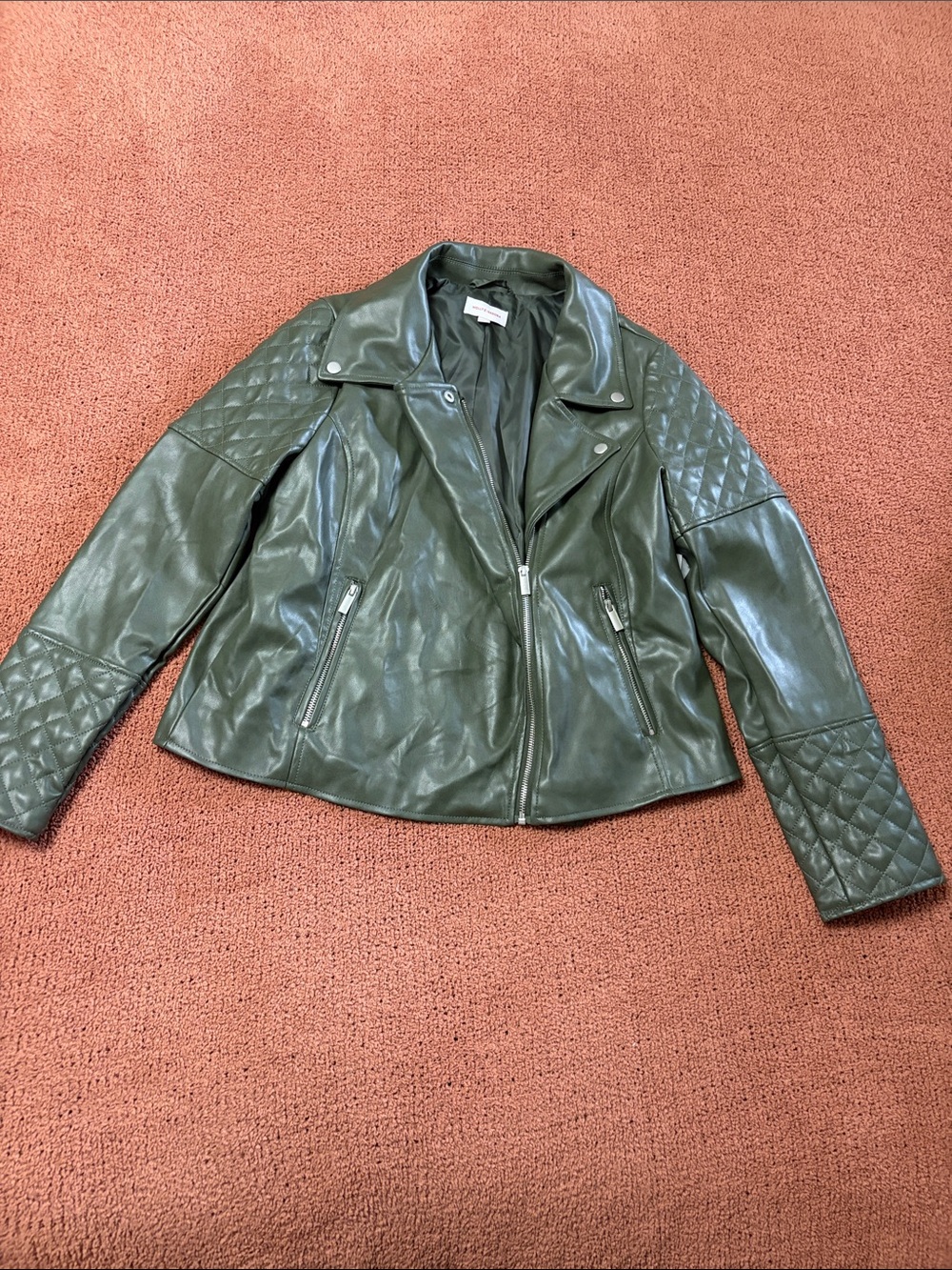 Quilted Sleeve Faux Leather Moto Jacket - Olive Green